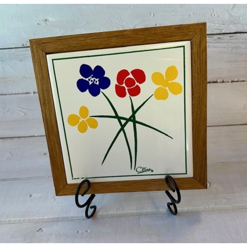 Vintage 1983 Himark Saltera Framed Floral Tile Trivet Blue Red Yellow Flowers